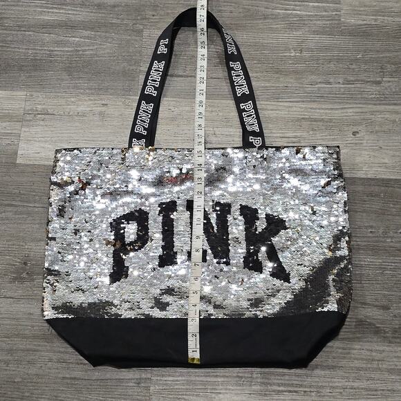 PINK Silver & Black Sequin Large Overnight Tote Carry All Beach Bag - Picture 8 of 10
